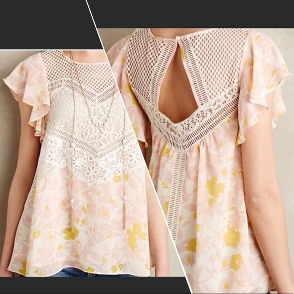 Anthropologie HD In Paris Floras Flutter Short Sleeve Top Floral Lace Key Hole - Picture 2 of 14